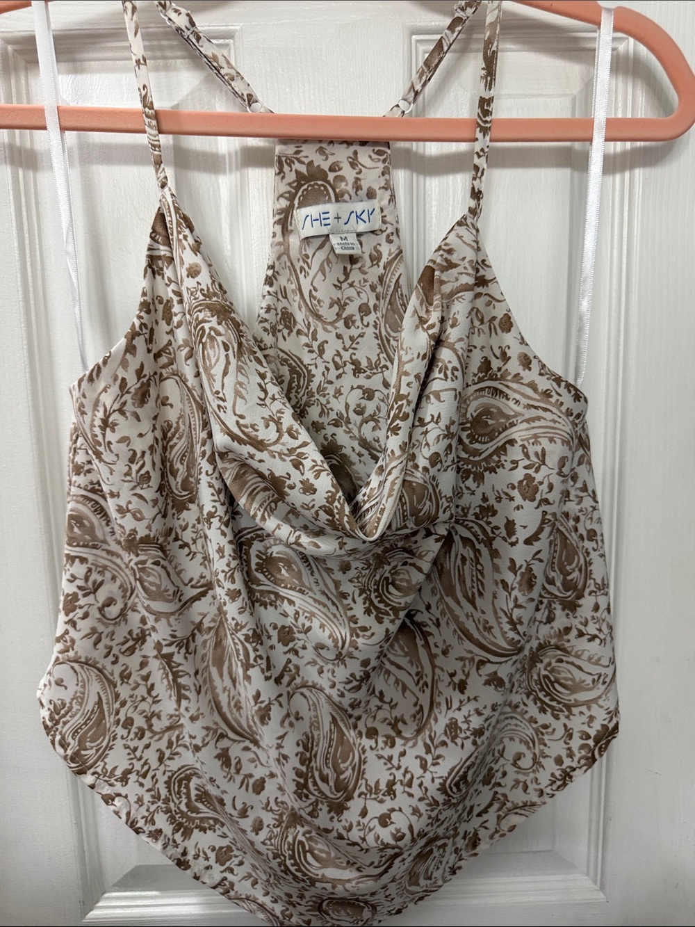 She + Sky Cream and Brown Paisley Cowl Neck Cami